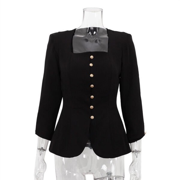 Square Collar Slimming Black Coat - Image 5