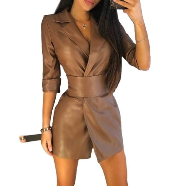 Solid Color PU Leather Suit Collar Medium Long Sleeve Women's Dress Leather Coat Belted - Image 5
