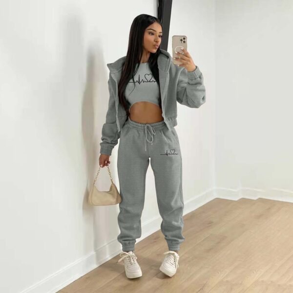 European And American Fashion Women's Wear Brushed Hoody Hooded Letter-print Casual Suit Three-piece Set - Image 9