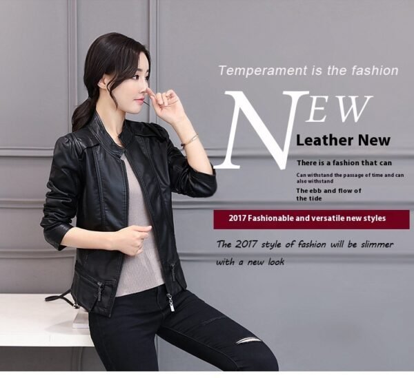 New Spring And Autumn Korean Style Motorcycle Stand-up Collar Slim Fit Slimming Leather Coat - Image 3