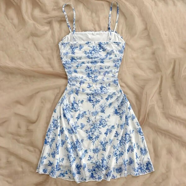 Women's Boho Floral Print Mini Dress Spaghetti Strap Ruched Ruffle Hem Vacation Sundresses - Image 7