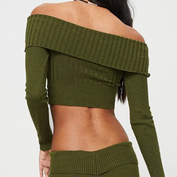 Boat Neck Long Sleeve Knitted Sweater Off-shoulder Crop Short Top SFor Womens Clothing - Image 5