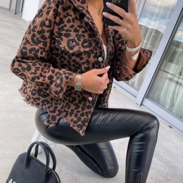 Women's Leopard Print Jacket With Pocket Y2K Fashion Lapel Single-breasted Denim Overcoat Women's Clothing - Image 3