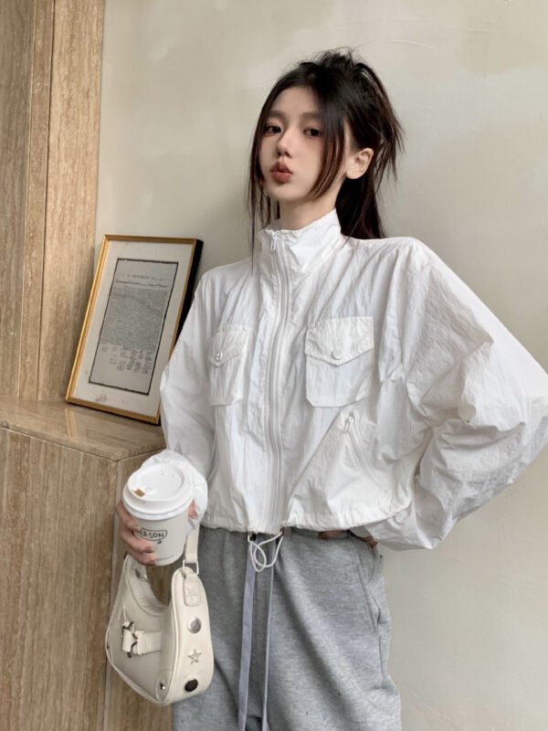Women's Fashion Retro Workwear Drawstring Stand Collar Zipper Jacket - Image 6