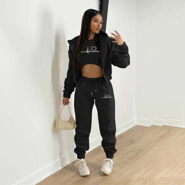 European And American Fashion Women's Wear Brushed Hoody Hooded Letter-print Casual Suit Three-piece Set - Image 4