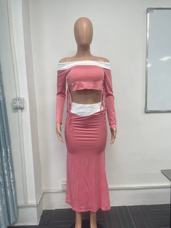 Women's Two-piece Suit With Exposed Navel And Contrast Color Coat Skirt - Image 2