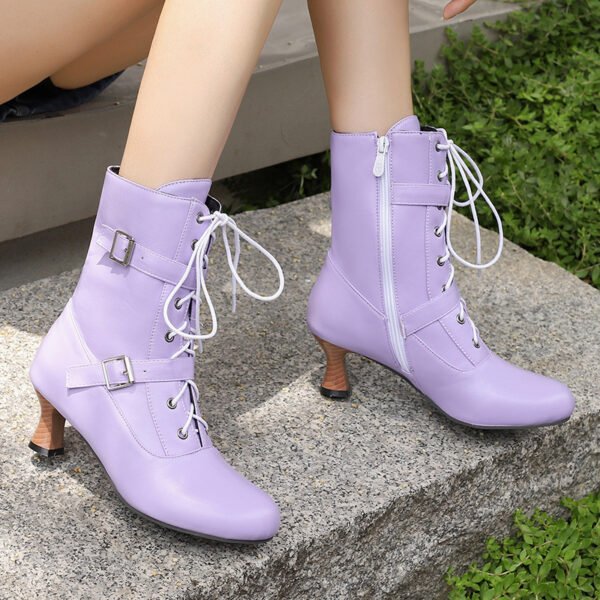 Comfortable Mid Heel Burnt Flower 40-50 Plus Size All-match Lace-up Low Tube Women's Boots - Image 2
