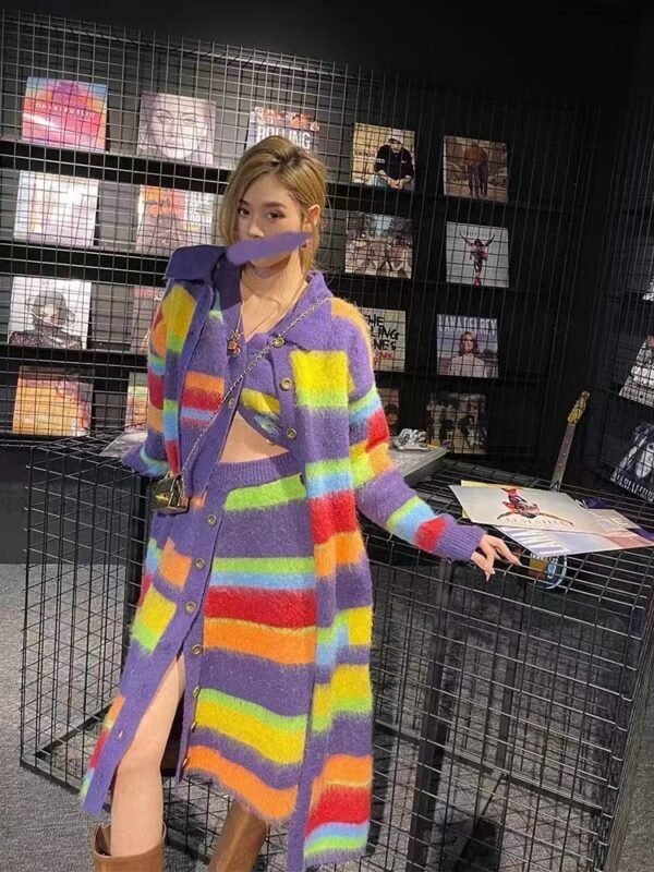 Fashion Slimming Candy Color Coat Retro Lazy Style Rainbow Striped Cardigan Sweater - Image 6