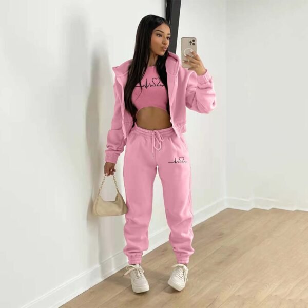European And American Fashion Women's Wear Brushed Hoody Hooded Letter-print Casual Suit Three-piece Set - Image 2