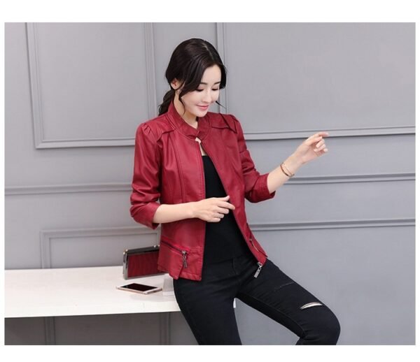 New Spring And Autumn Korean Style Motorcycle Stand-up Collar Slim Fit Slimming Leather Coat - Image 6