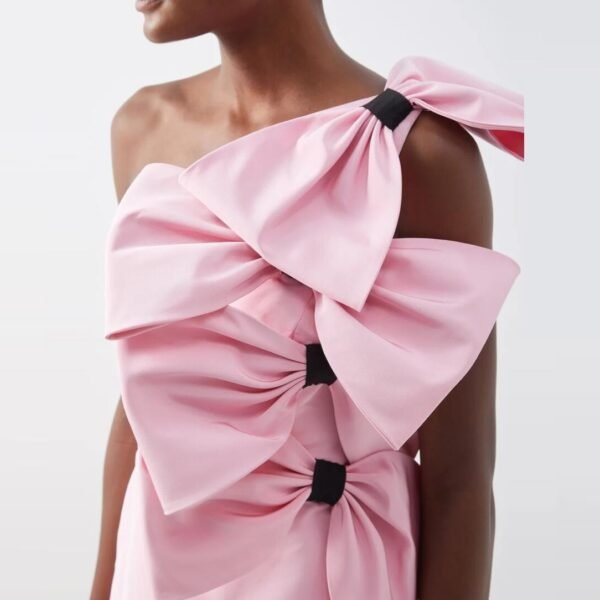 Women's New Unique Design Bow Pink Oblique Shoulder Dress - Image 2