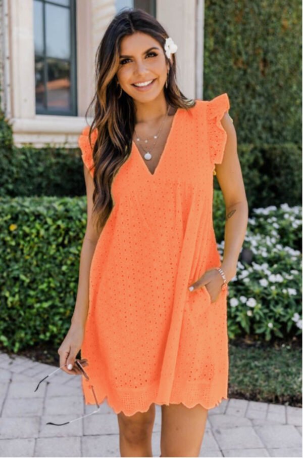 Lace Dresses With Pocket Summer Sleeveless Jacquard Cutout V-Neck Beach Dress - Image 6