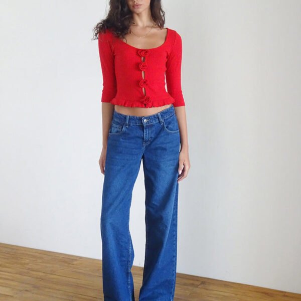Three-quarter Sleeve Rose 3D Flower Wooden Ear Short Midriff-baring Top - Image 2