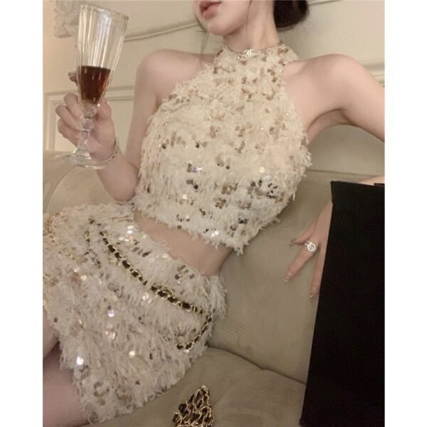 Sequined Tassel Halter Spaghetti Straps Vest Sheath Skirt - Image 7