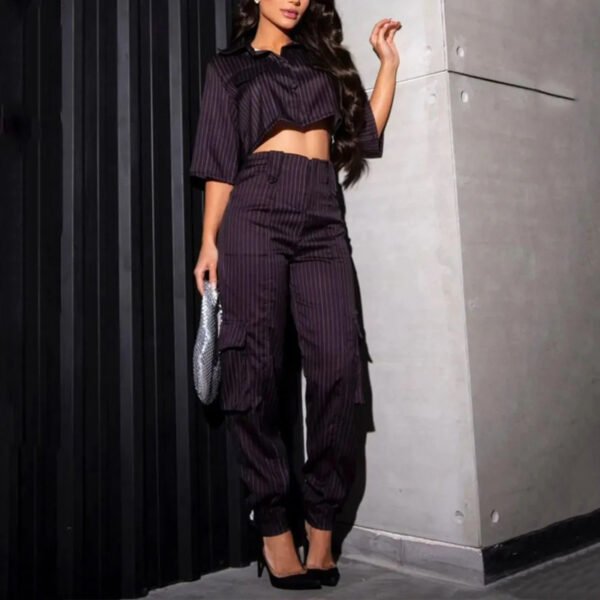 Summer New Striped V-neck Casual Hot Girl Blouse And Pants - Image 4