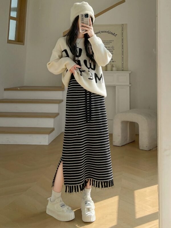 Striped Knitted Skirt High Waist Slimming - Image 6