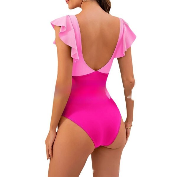 Color Contrast Patchwork Flounce Covered Belly Swimsuit - Image 3
