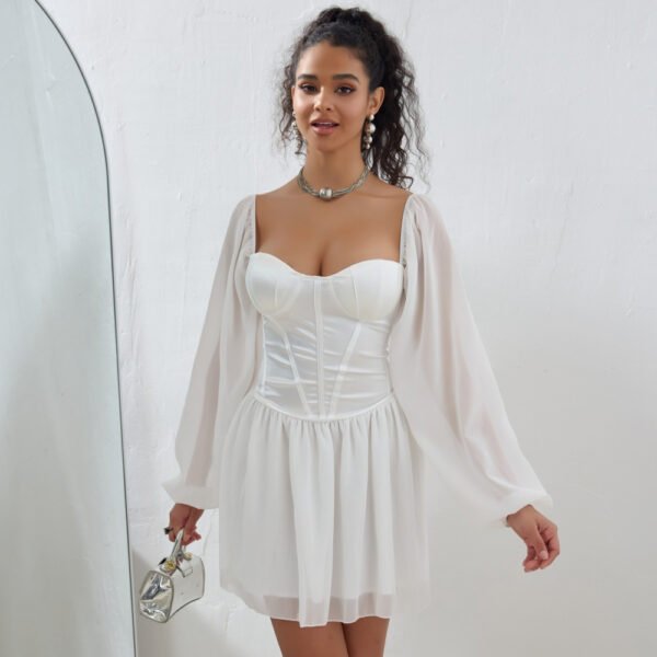 European And American Style Dress Tube Top Square Collar Mesh Stitching Satin High Waist A- Line Skirt - Image 2