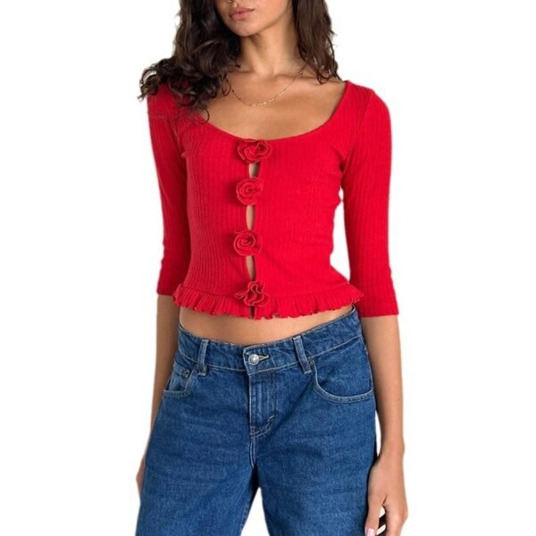 Three-quarter Sleeve Rose 3D Flower Wooden Ear Short Midriff-baring Top - Image 3