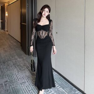 Women's Fashion Casual Lace Fishbone Stitching Dress