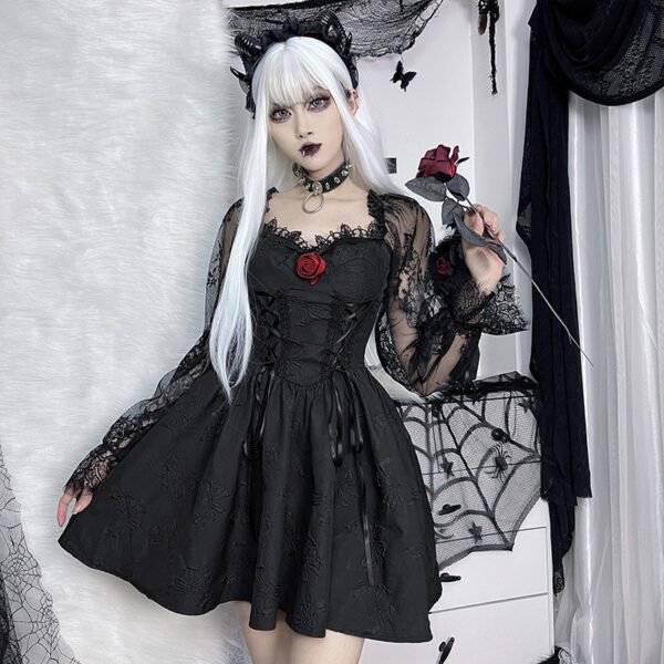 Dark Design Princess Slimming Three-dimensional Flower Lace Long Sleeve Temperament Dress - Image 9
