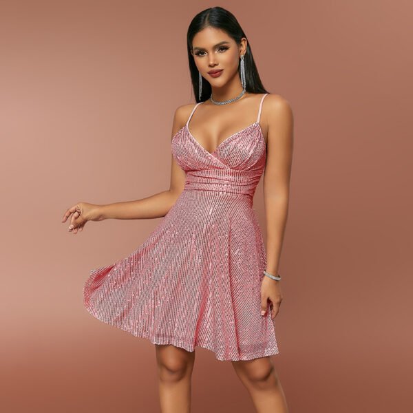 Autumn And Winter New Women's Sexy Gorgeous Sequined Dress Pleated Cross Strap Vacation Style Dress - Image 5