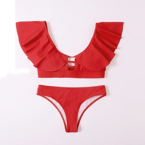 Ruffle Solid Tie Bikini Split Ladies Swimwear - Image 4