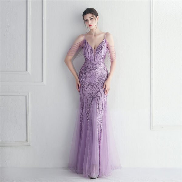 Mesh Beaded Bridal Wedding Dinner Long Camisole Evening Gown - Image 4