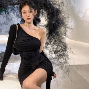 Black Sleeveless Sexy Dress Women's Chic Irregular Hips