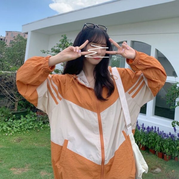 Contrast Color Hooded Sun Protection Clothing For Women Loose Thin Coat - Image 2