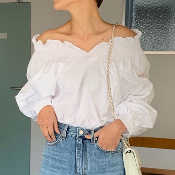 French Milk Blue And White Off-shoulder Reverse Lantern Sleeve Shirt Women - Image 3