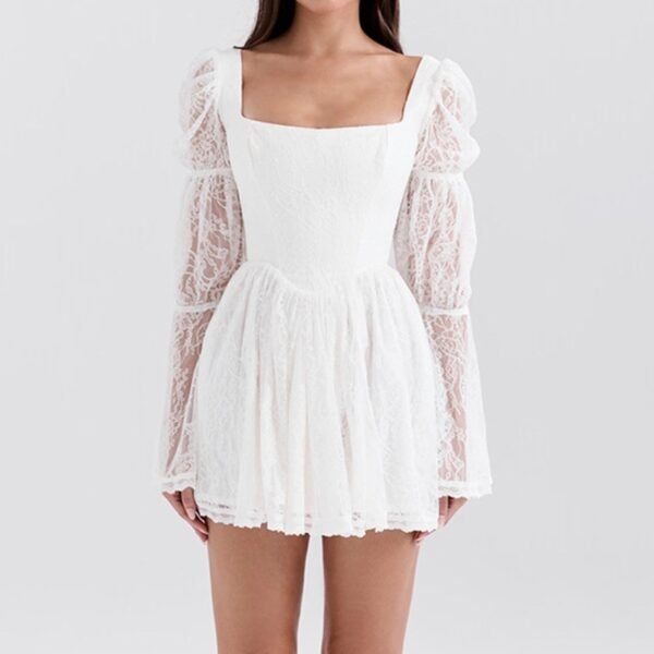 Autumn New Sexy Square-neck Long Sleeve Waist Lace Dress - Image 6