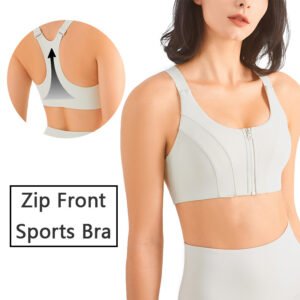 Zip Front Sports Bra Shock Absorption Gather For Women Plus Size Workout Fitness Running