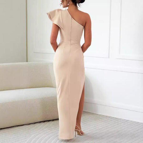 European And American Women's Clothing Off-shoulder Hollow-out Ruffle Sleeve Pure Color Split Dress Dress - Image 3