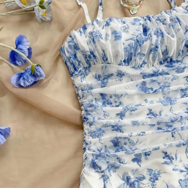 Women's Boho Floral Print Mini Dress Spaghetti Strap Ruched Ruffle Hem Vacation Sundresses - Image 6