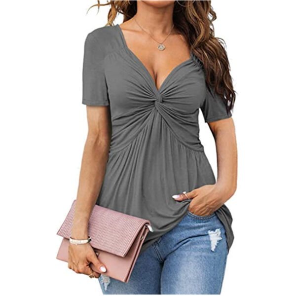 New Women's V-neck Front Twisted Shirt Short Sleeved Elegant Casual T-shirt Solid Color Pullover Top - Image 3