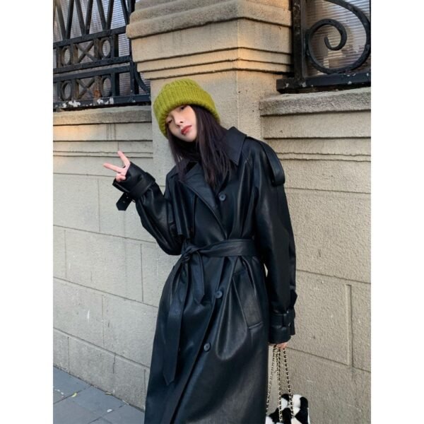 Advanced Sense Black Leather Coat Thick Loose - Image 6