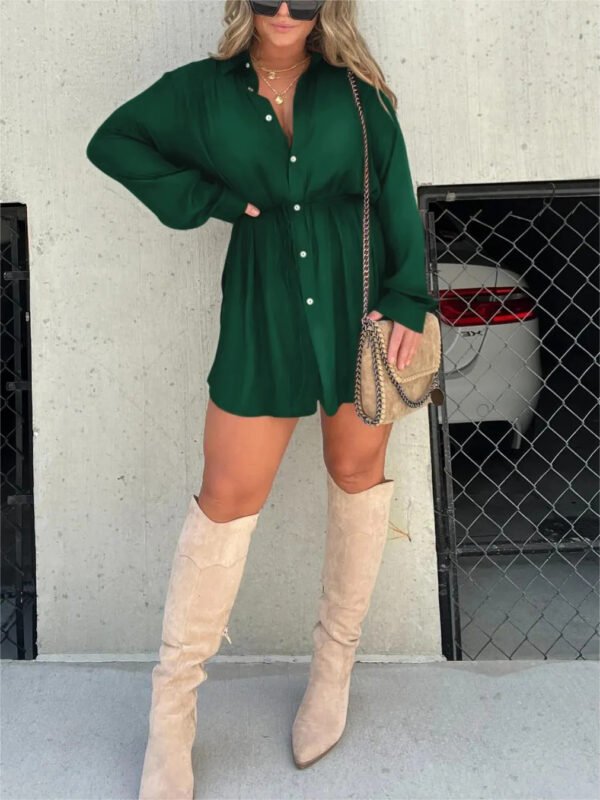 Women's Long Sleeve Jumpsuit With Button Fashion Shirt Dress - Image 9