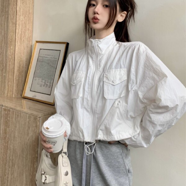 Women's Fashion Retro Workwear Drawstring Stand Collar Zipper Jacket - Image 9
