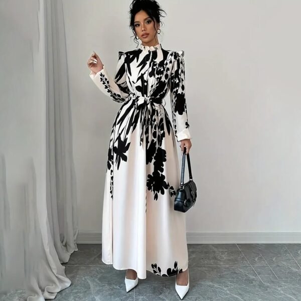 Women's Floral Print Long Sleeve Maxi Dress - Stand Collar A-Line Dress With Waist Detail, Lantern Sleeves & Ruffle Hem For Spring&Fall - Image 7