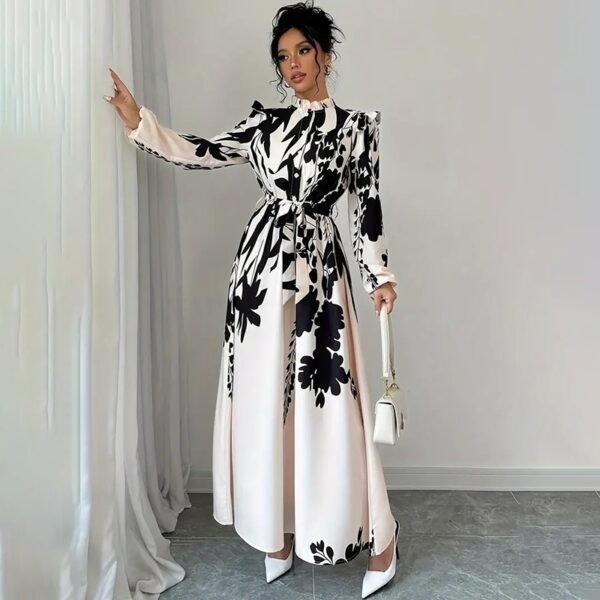 Women's Floral Print Long Sleeve Maxi Dress - Stand Collar A-Line Dress With Waist Detail, Lantern Sleeves & Ruffle Hem For Spring&Fall - Image 5