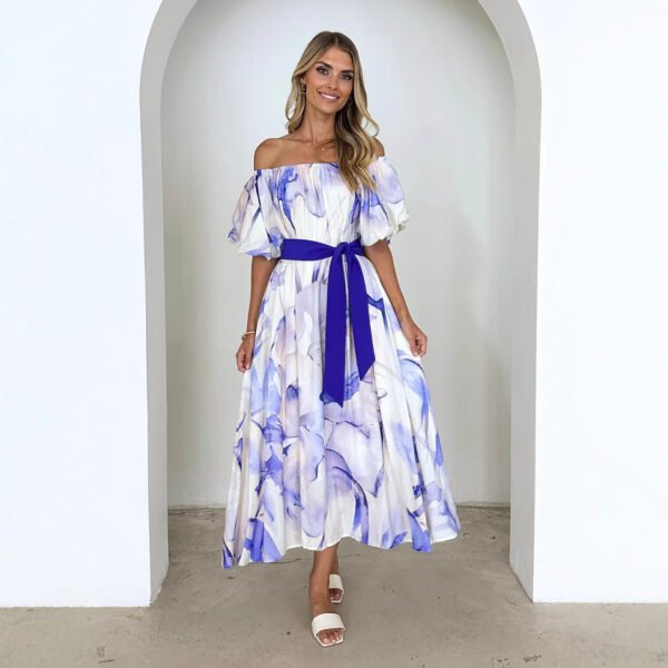 European American Summer New Temperament Shoulder Waist Puff Sleeve Printed Large Swing Dress - Image 5
