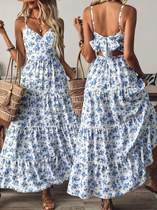 Women's Summer V-Neck Floral Print Strappy Dress - Sexy Backless Bowknot Flowy Maxi Party Dress - Image 8
