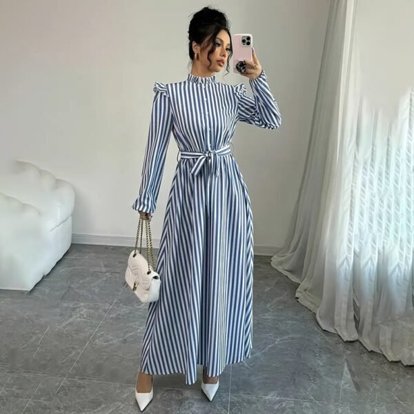 Women's Floral Print Long Sleeve Maxi Dress - Stand Collar A-Line Dress With Waist Detail, Lantern Sleeves & Ruffle Hem For Spring&Fall - Image 4