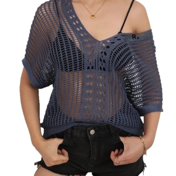 European And American Loose Pullover Hollow Out See-through Loose Short Sleeve V-neck Knitted Blouse - Image 4