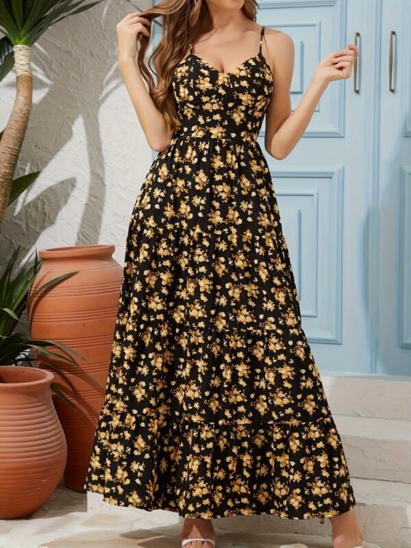 Women's Summer V-Neck Floral Print Strappy Dress - Sexy Backless Bowknot Flowy Maxi Party Dress - Image 2