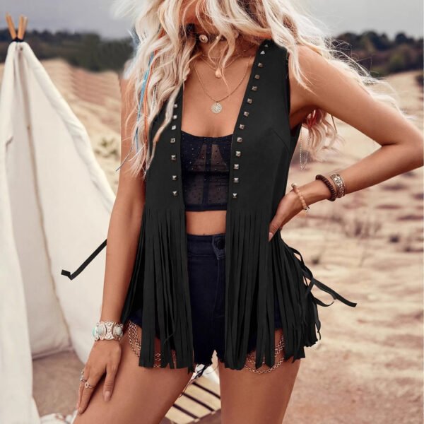 Women's Rivet Decoration Tassel Hem Vest Jacket