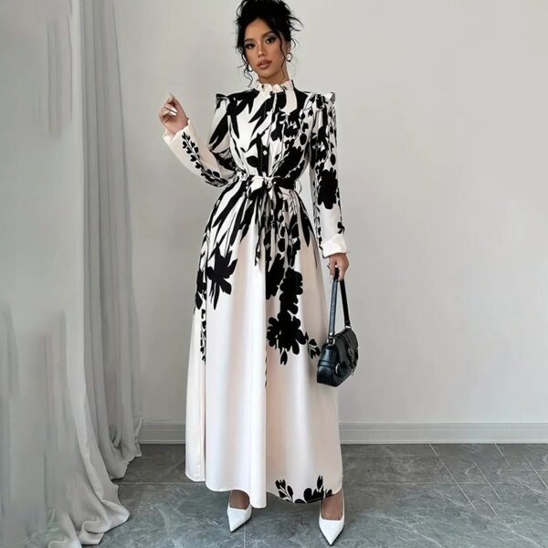 Women's Floral Print Long Sleeve Maxi Dress - Stand Collar A-Line Dress With Waist Detail, Lantern Sleeves & Ruffle Hem For Spring&Fall - Image 6