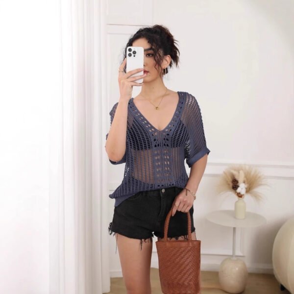 European And American Loose Pullover Hollow Out See-through Loose Short Sleeve V-neck Knitted Blouse - Image 3