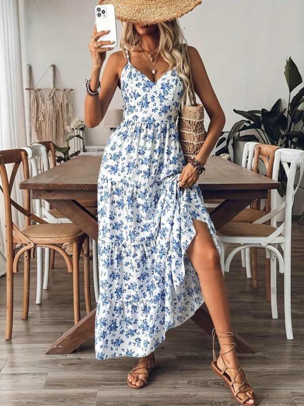 Women's Summer V-Neck Floral Print Strappy Dress - Sexy Backless Bowknot Flowy Maxi Party Dress - Image 4